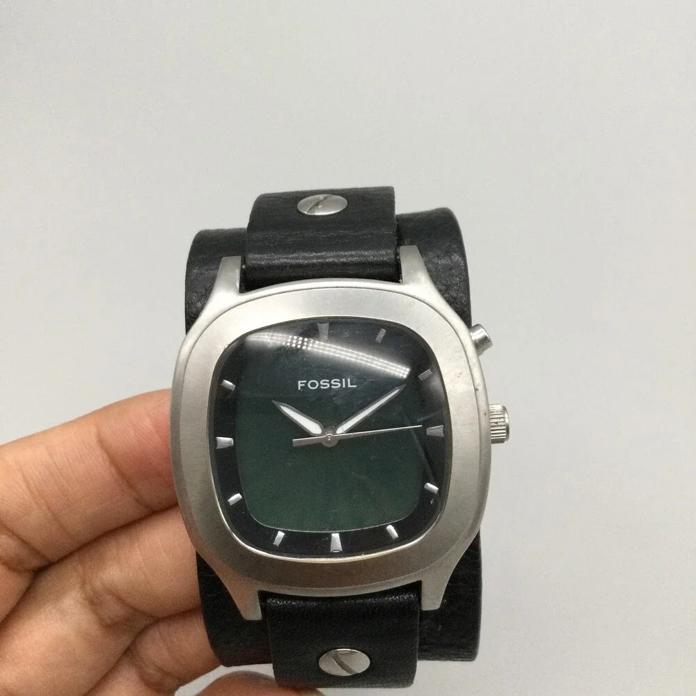 Fossil Big Tic Mens Watch 39mm Green Blue Dial Steel Black Leather New Battery
